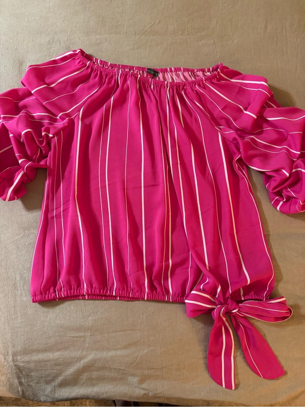 Vince Camuto Hot Pink Stripe Off-Shoulder Tie-Hem Blouse